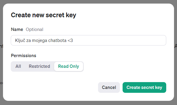 Ustvarjanje ključa na spletni strani OpenAI API